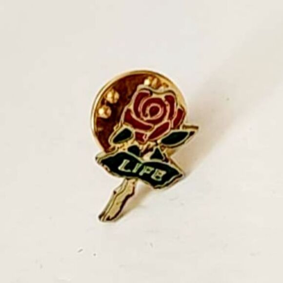 5/$25 Gold tone life rose enamel lapel pin - Picture 2 of 5